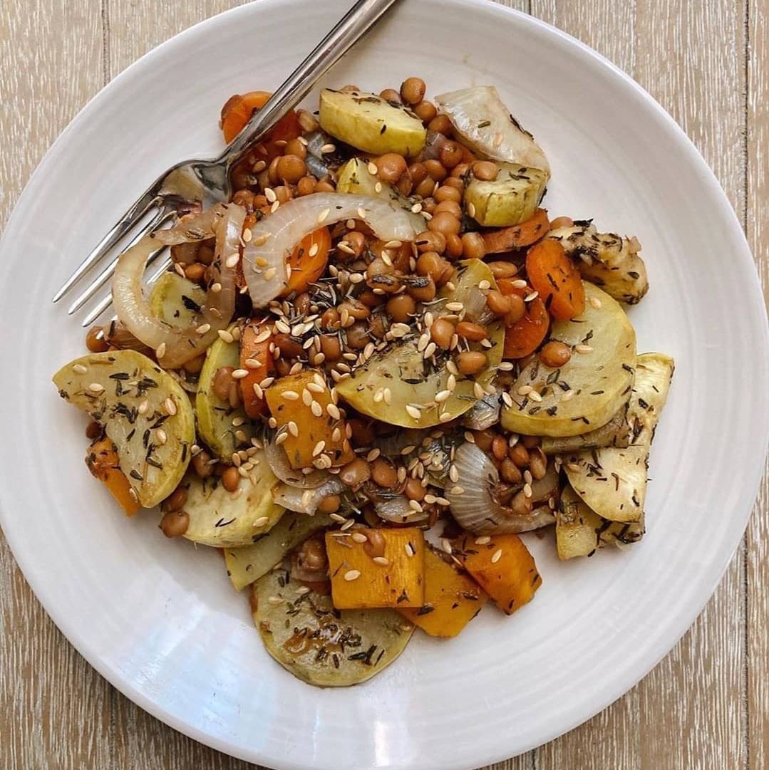 Healthy dinner lentil salad with vegetables